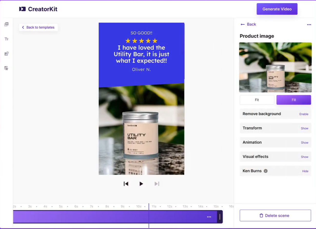 The interface of CreatorKit - a popular tool to create a ugc ai video