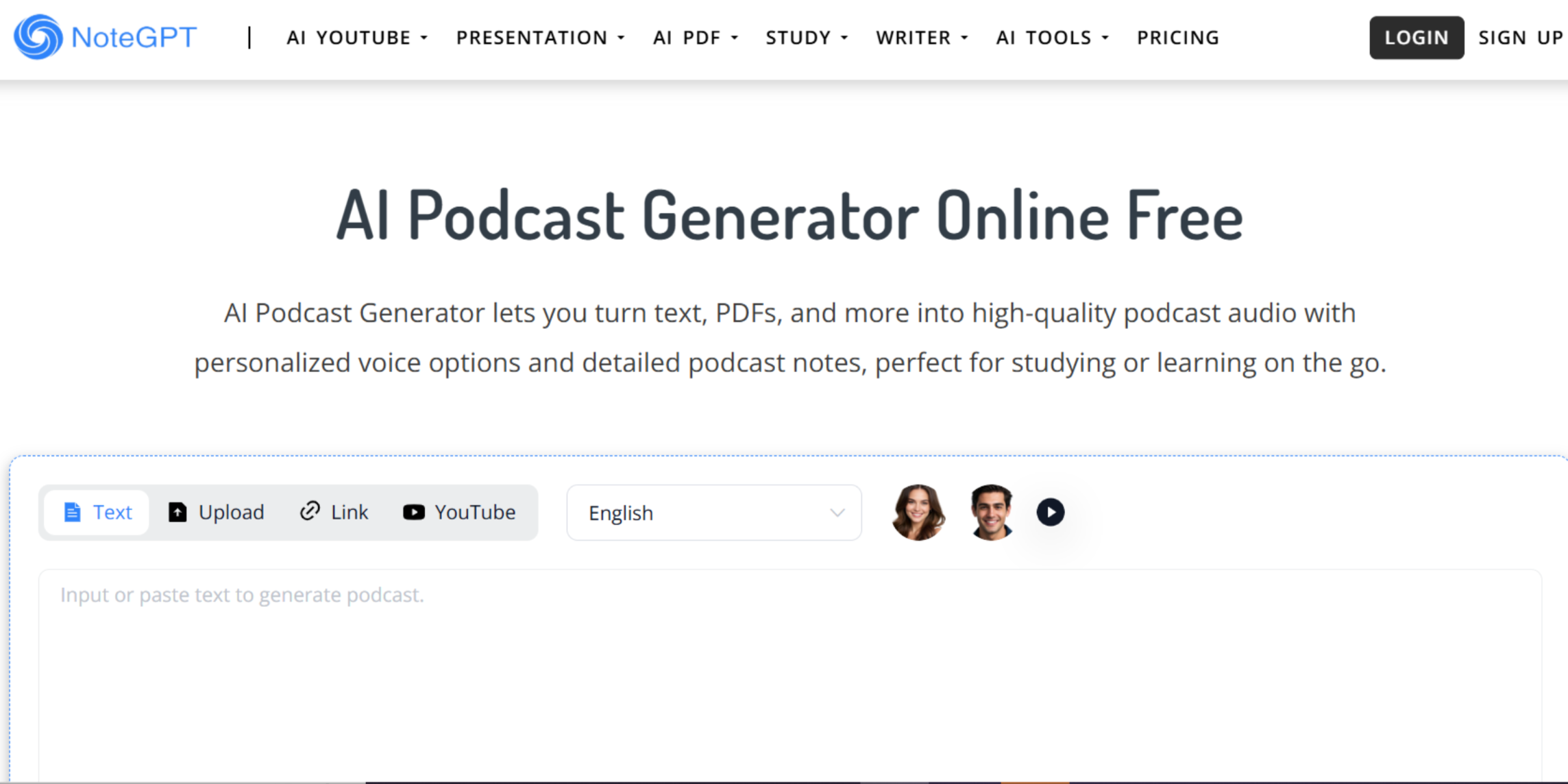 Interfața NoteGPT - Generator de voce podcast AI gratuit