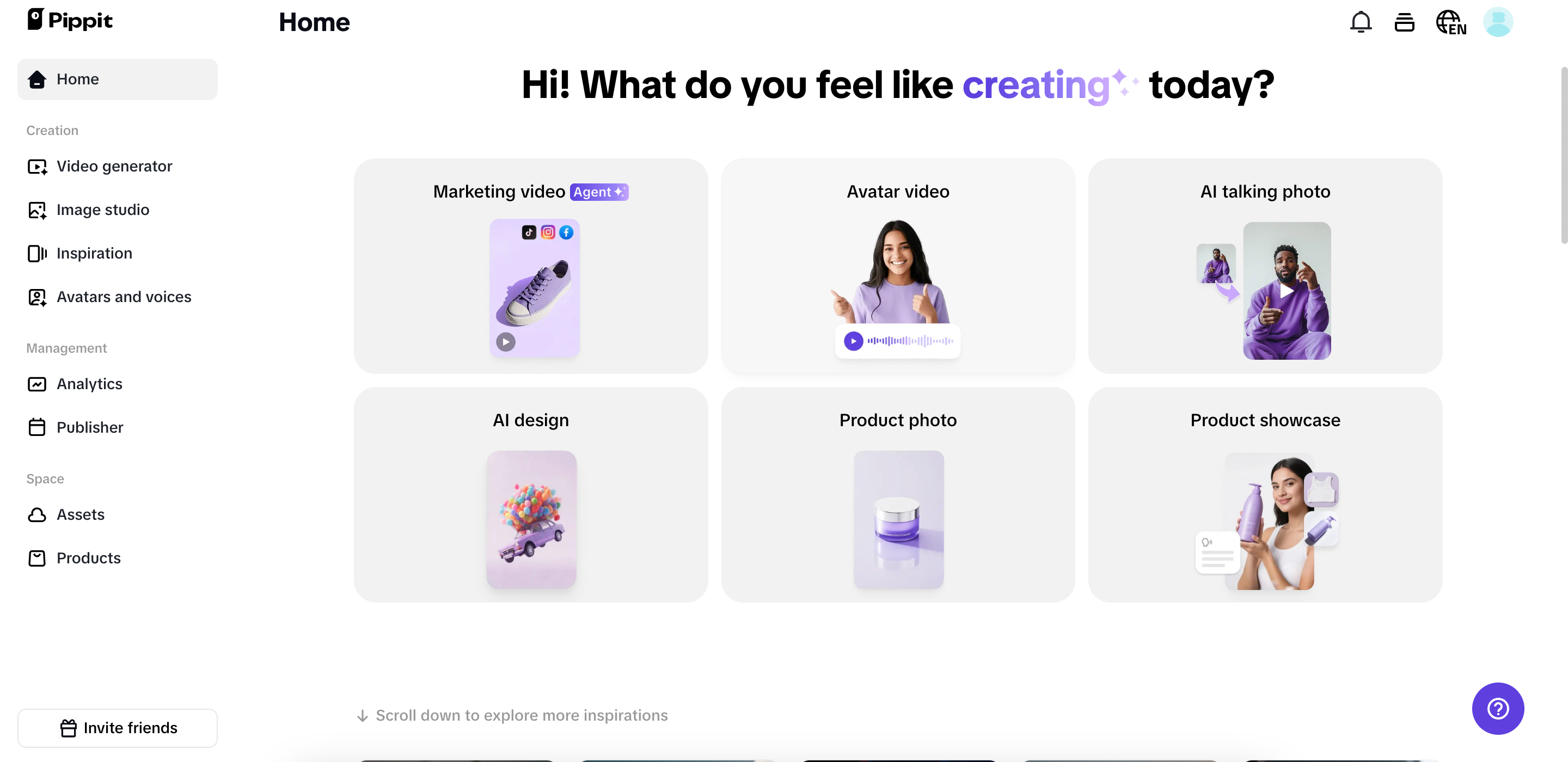 Página inicial do Pippit