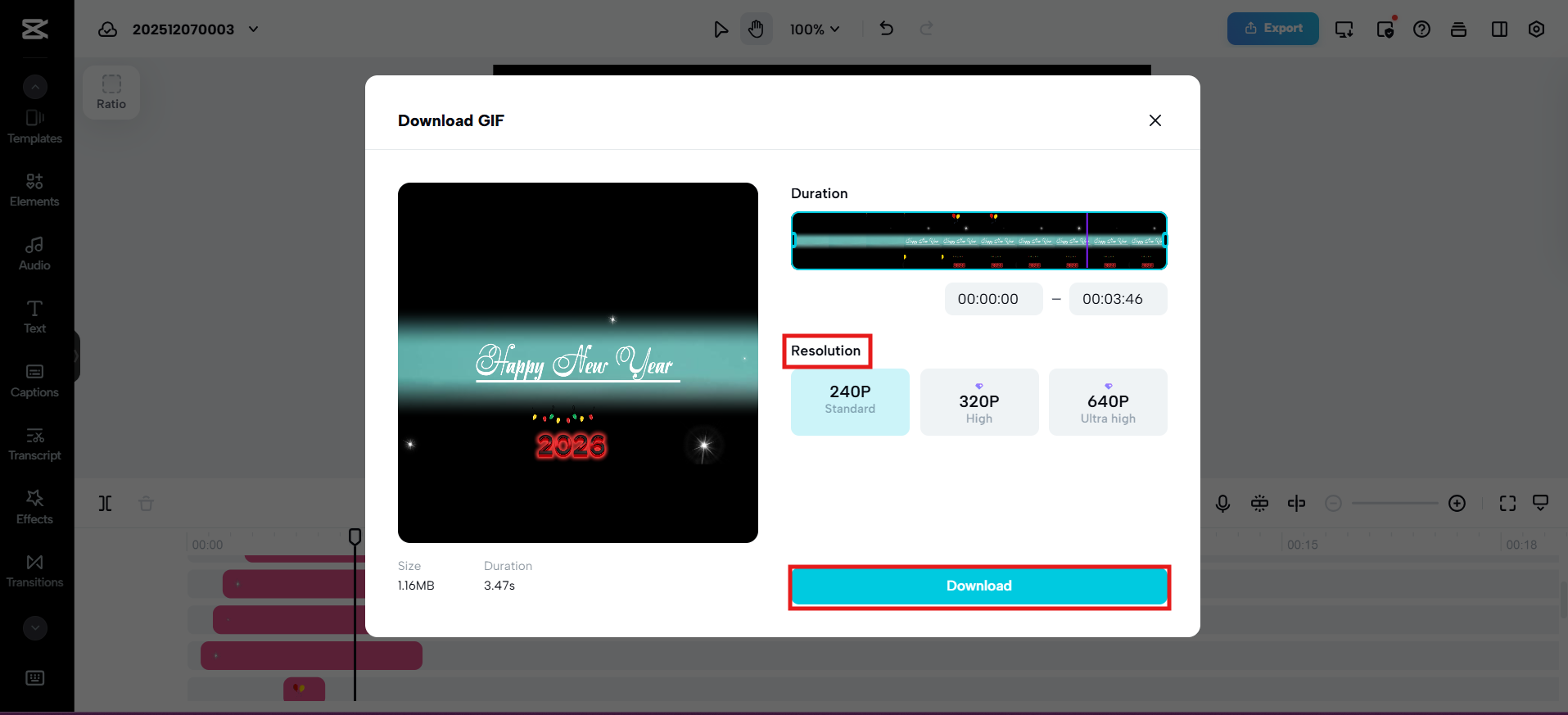 Set duration, resolution and download GIF