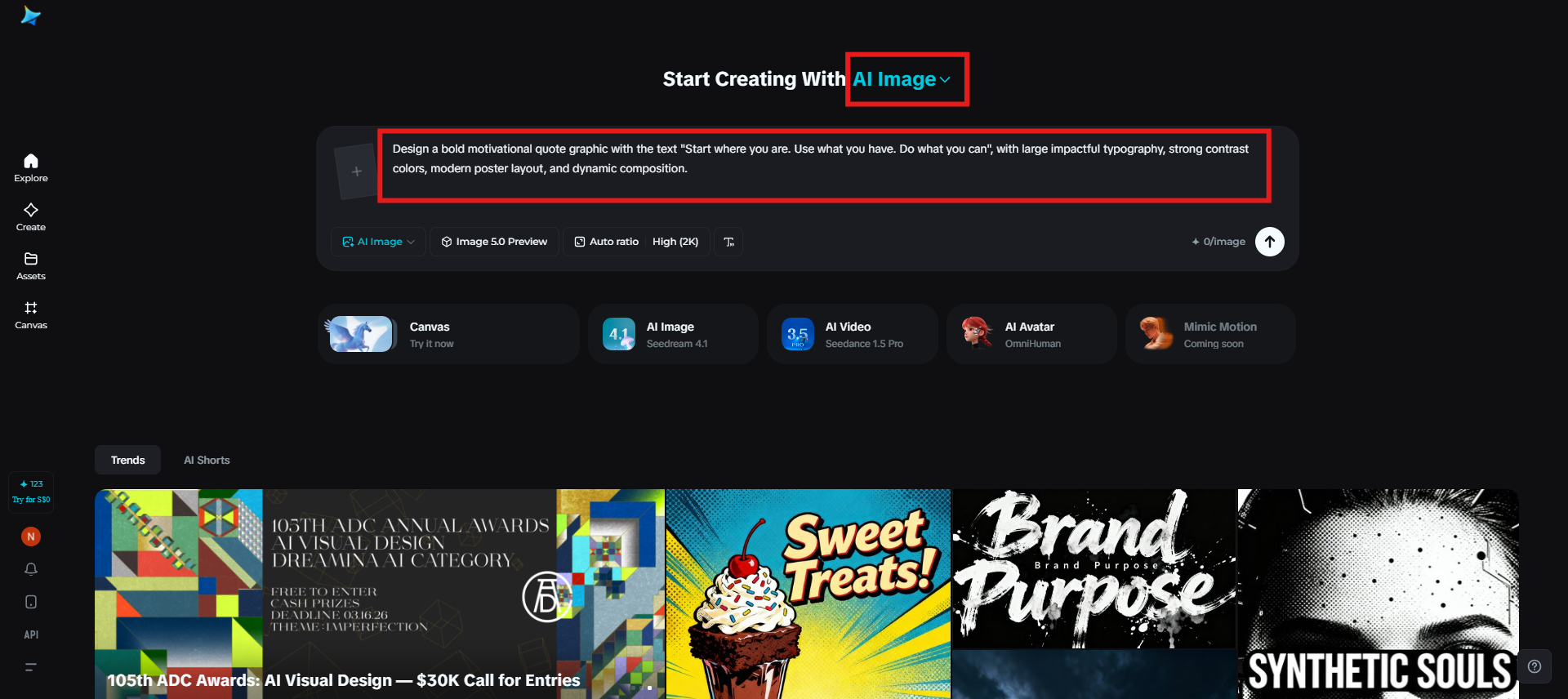 Log into Dreamina and enter a text prompt