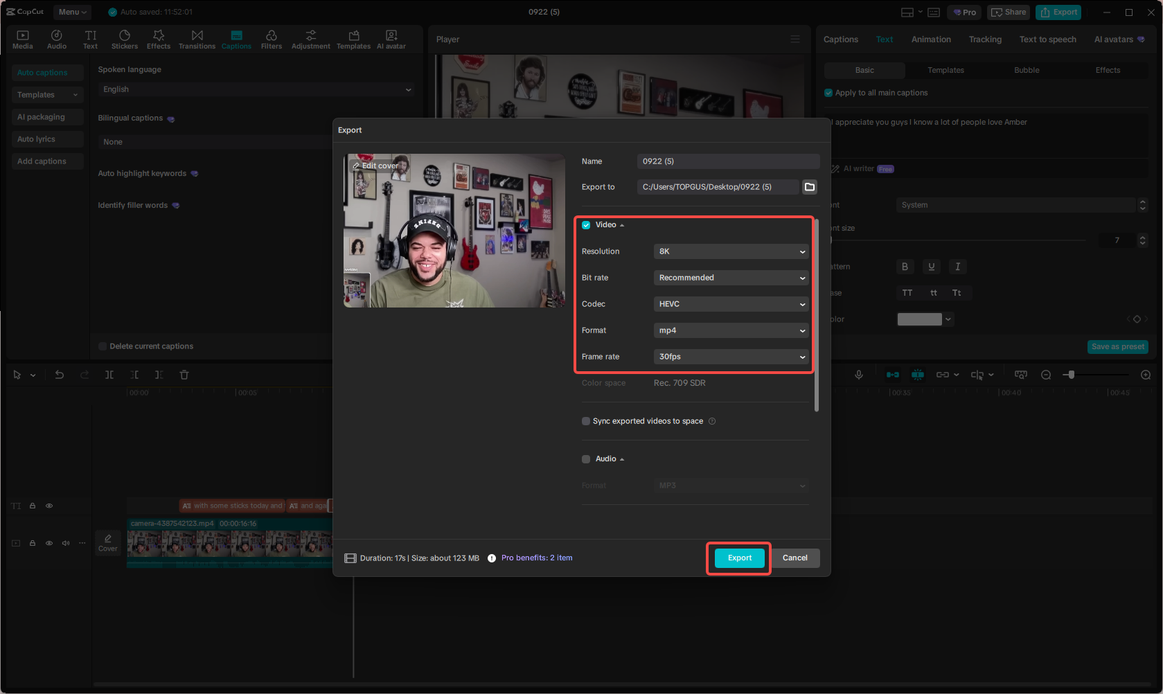 Export the captioned video