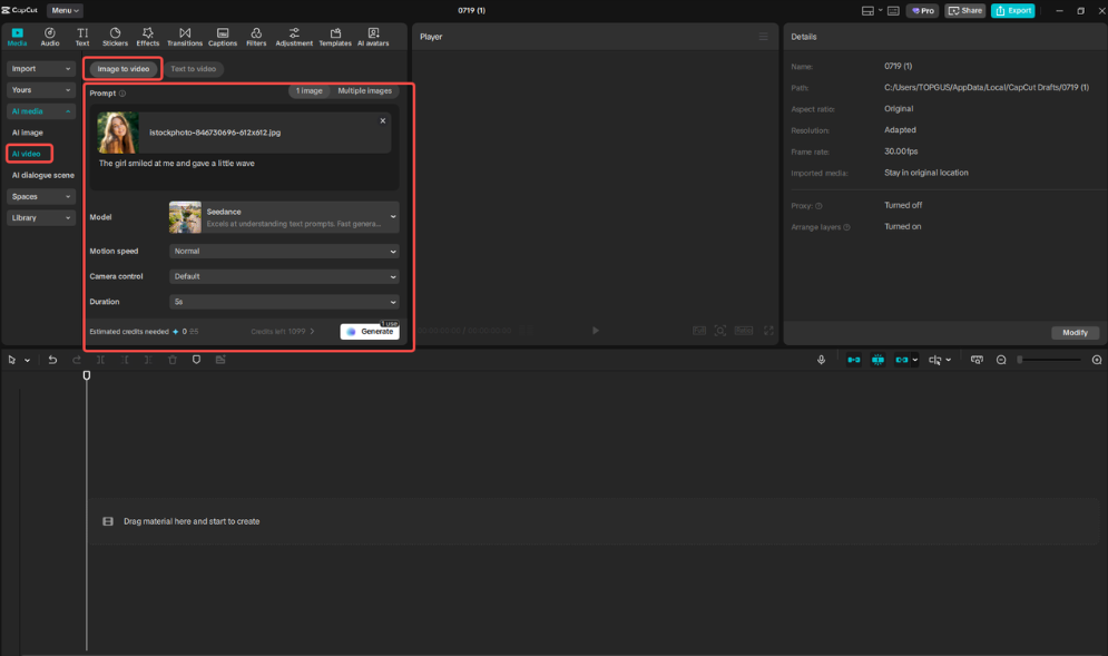 Accessing the "Image to video" feature in CapCut