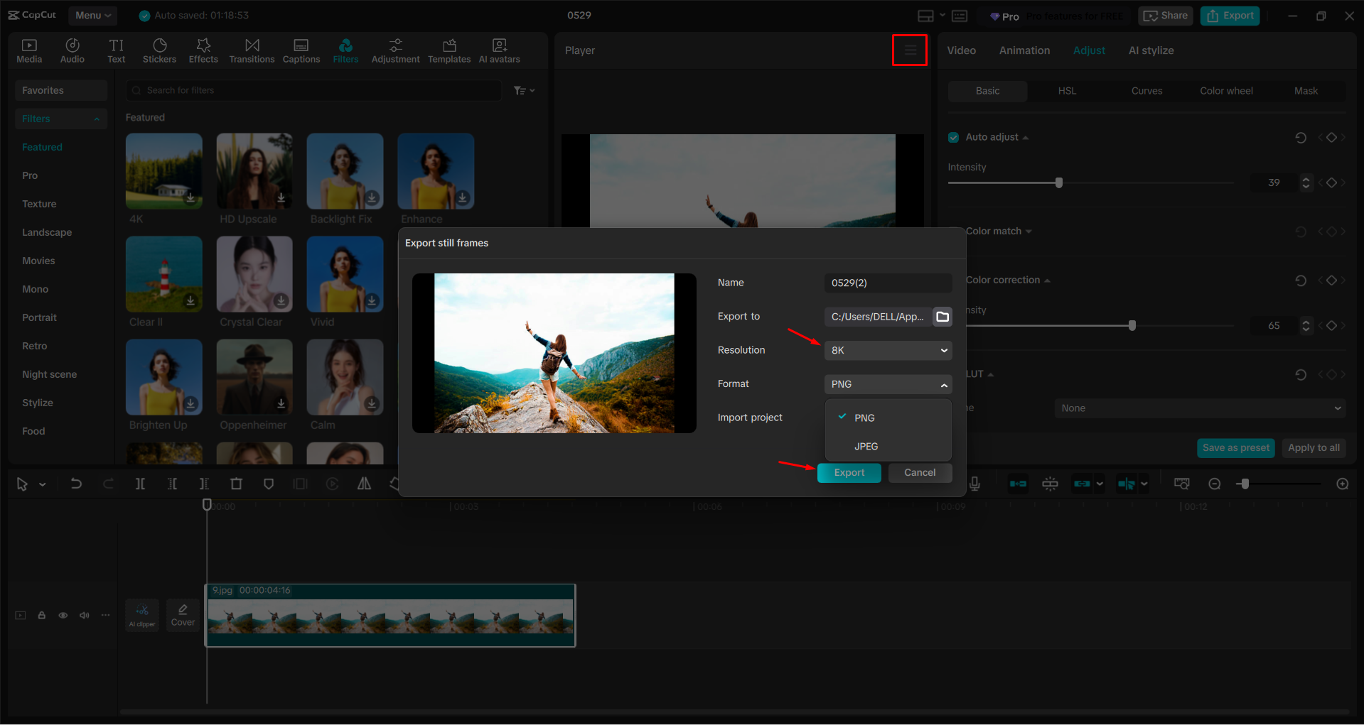 Exporting an image from the CapCut desktop video editor