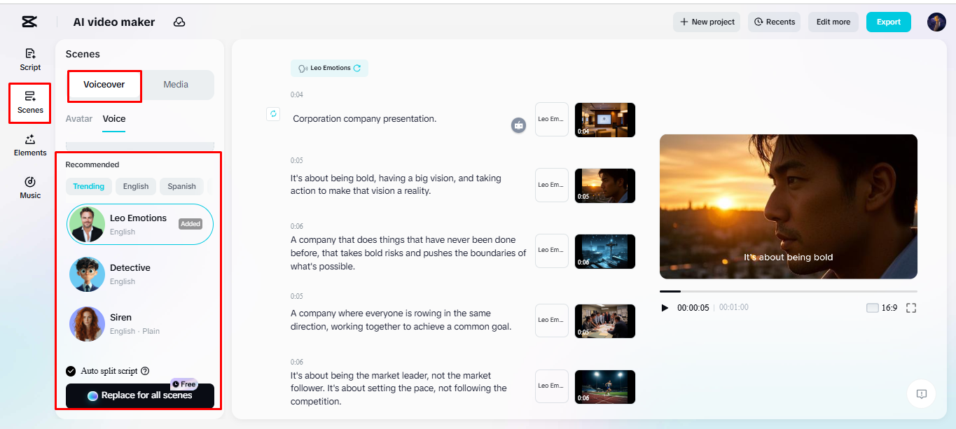Adding voiceover to the video using CapCut's AI video maker