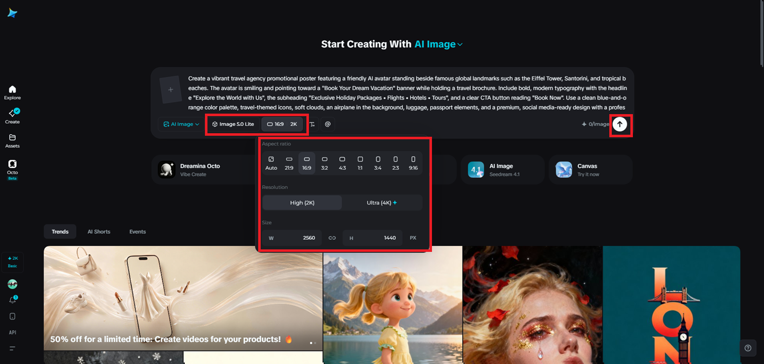 Choose the image model, customize settings, and generate