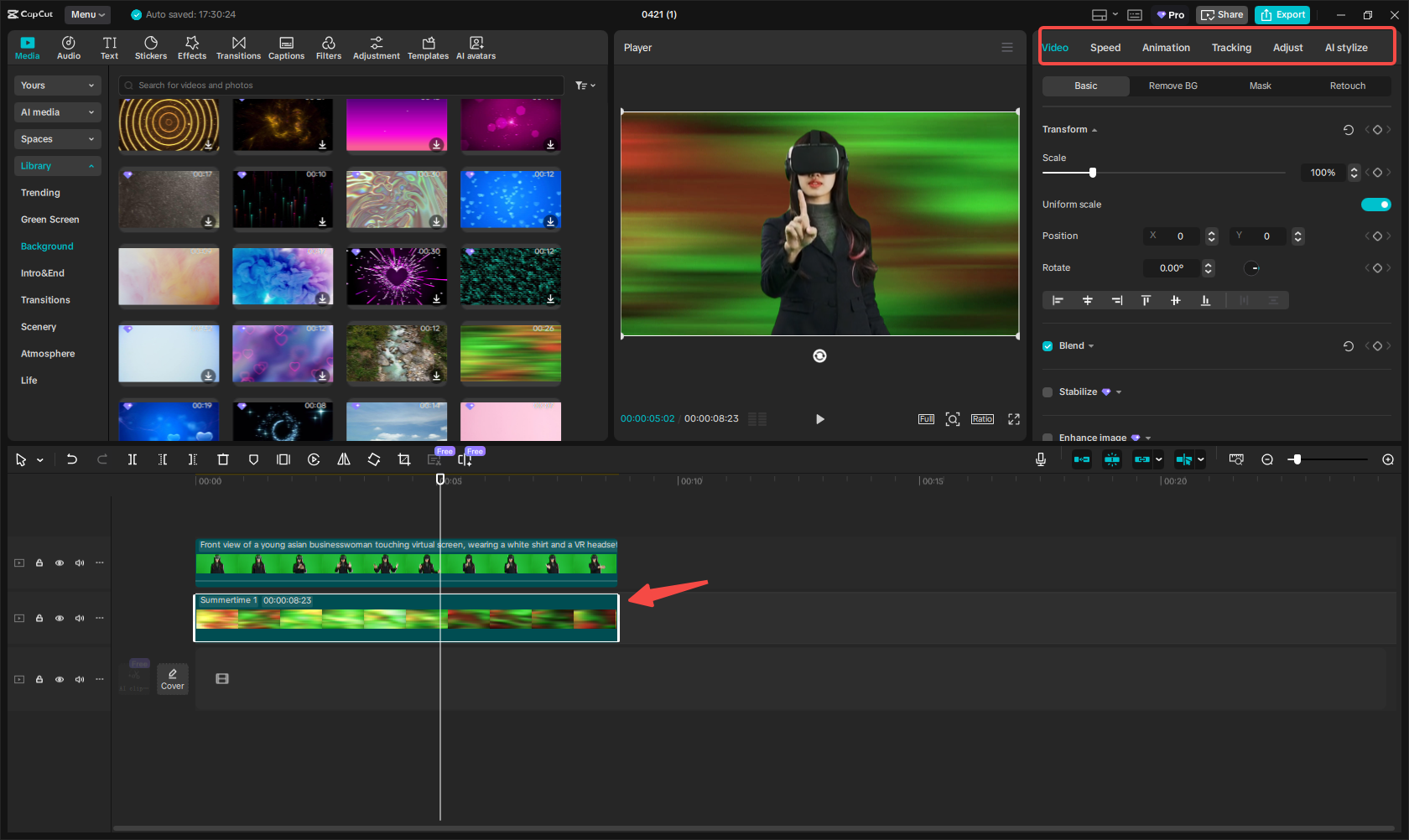 Replacing the video background in CapCut