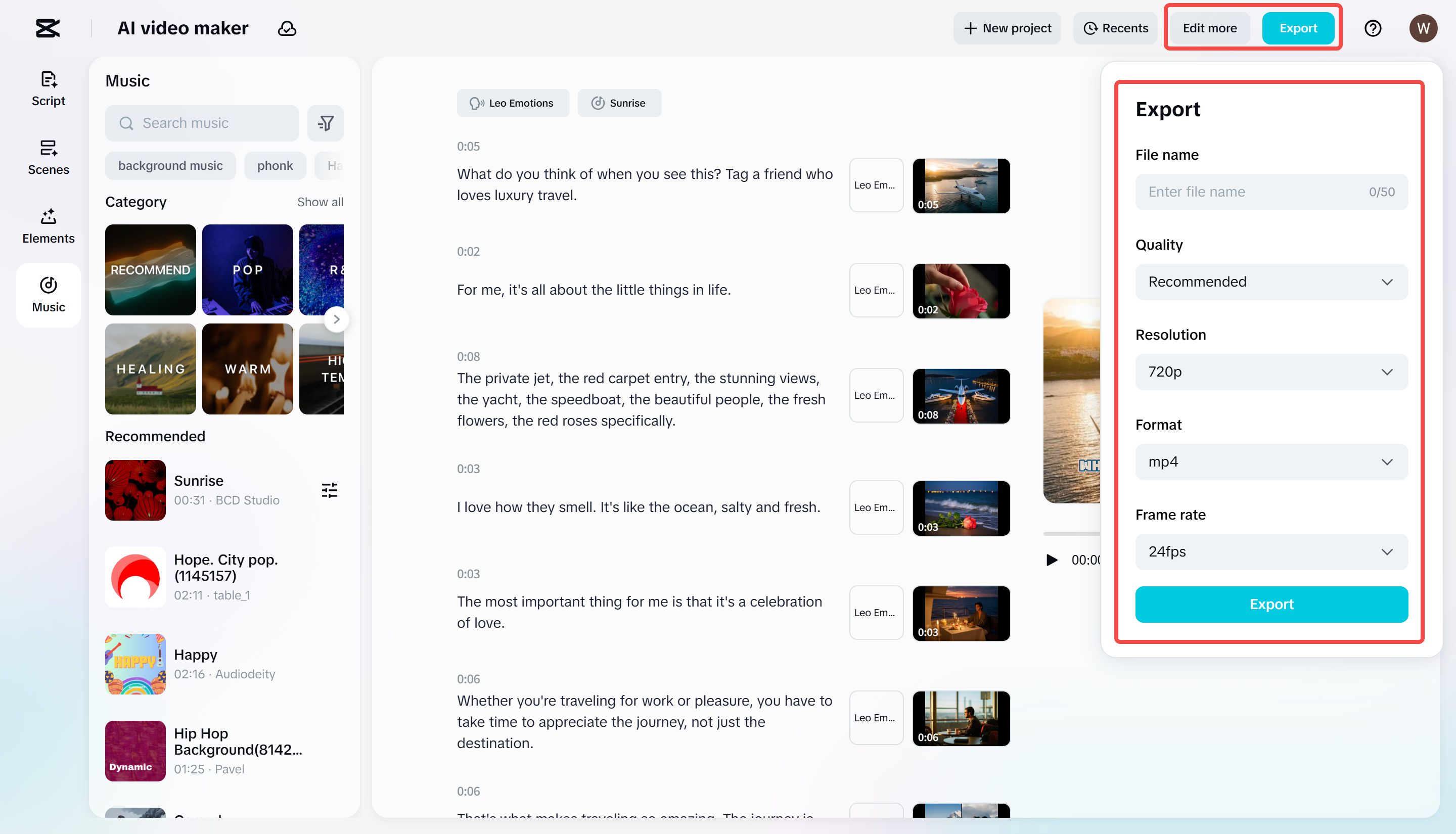 Exporting a video from CapCut Web