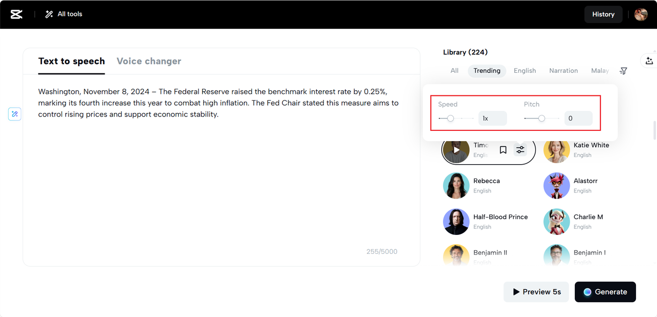 Mga pagpapasadya ng bilis at pitch sa CapCut Web TTS tool