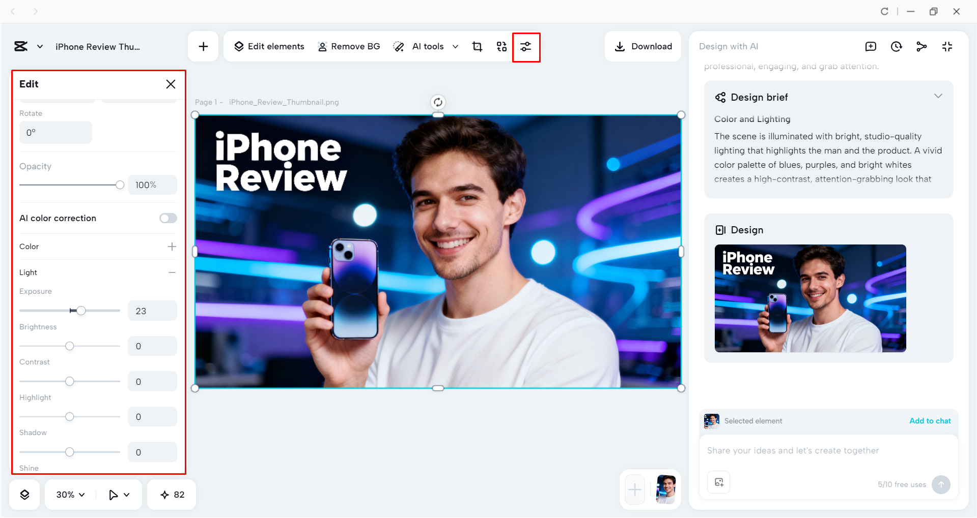 Editing the YouTube thumbnail with the CapCut desktop video editor