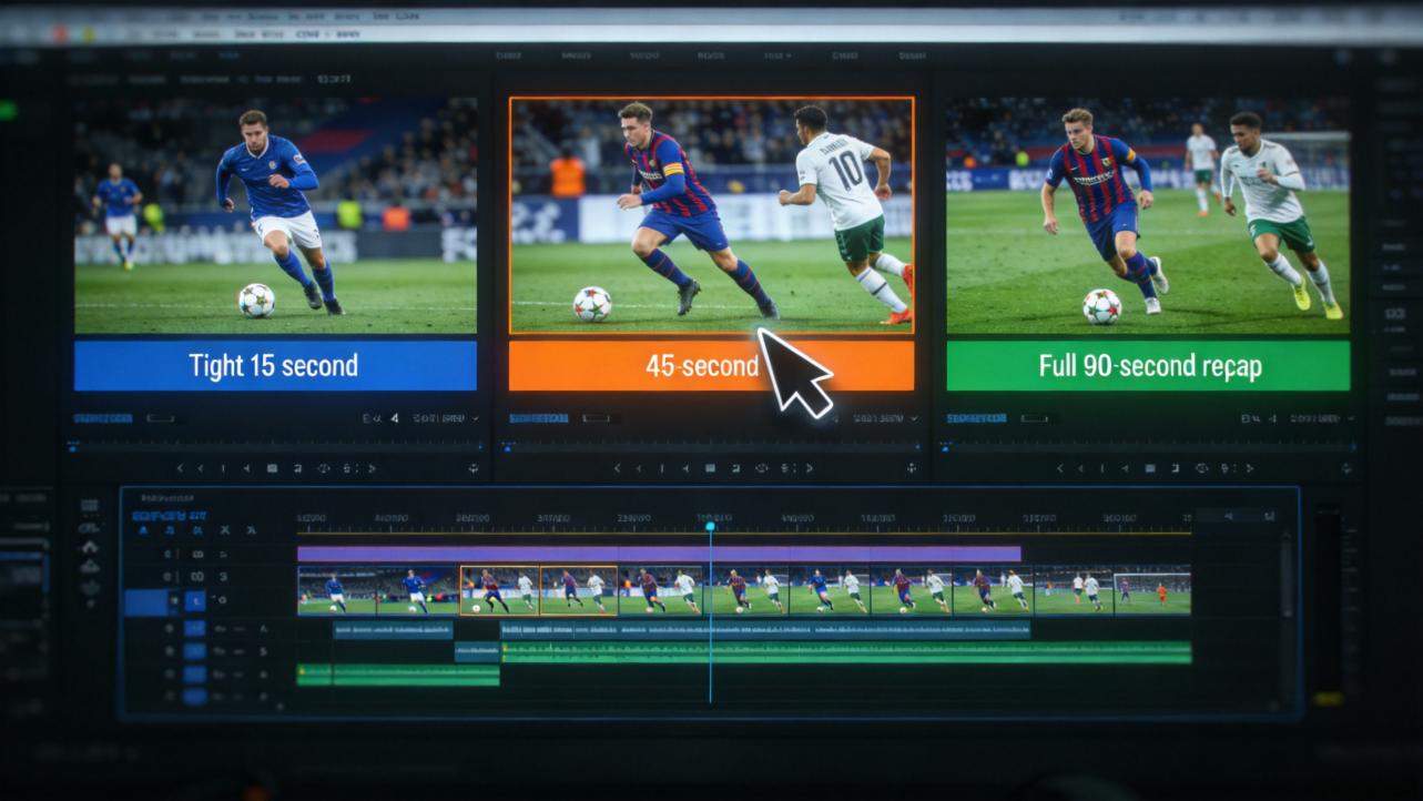 Video editing interface with three soccer clip length options: 15 second, 45-second, and full 90-second recap