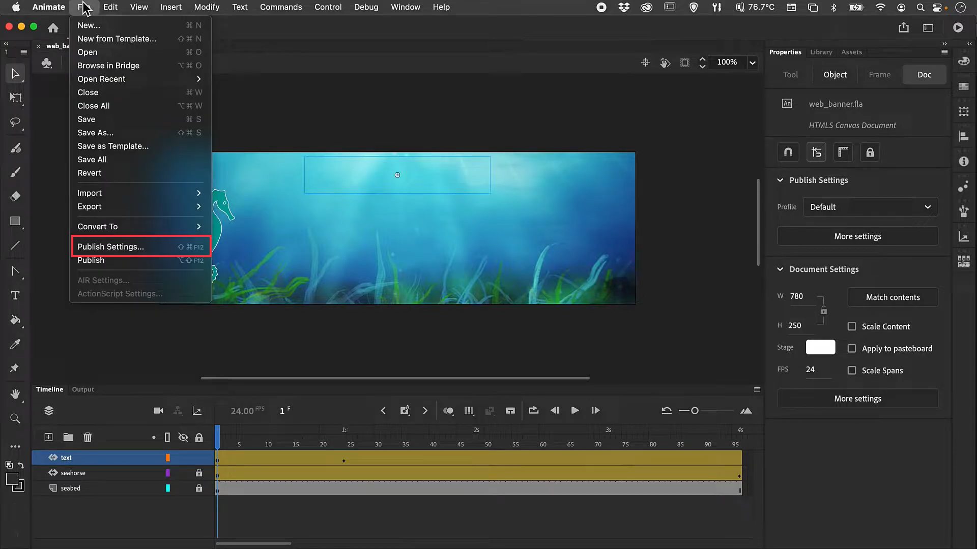 Find the publish settings in Adobe Animate CC