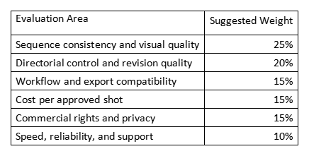 Table listing evaluation areas and suggested weights for AI video tools