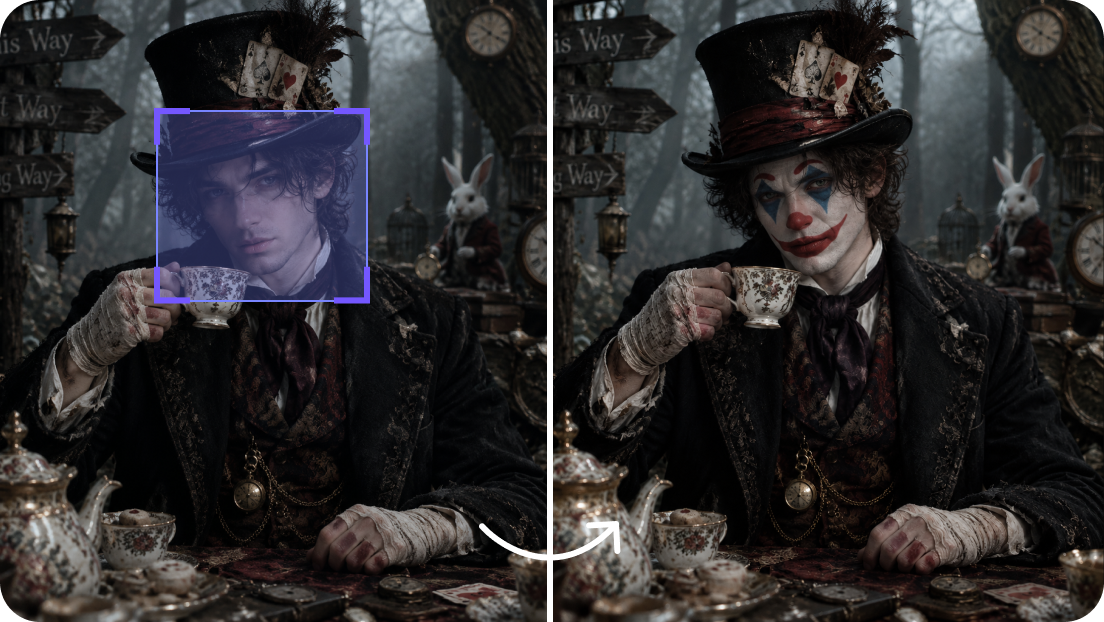A before and after portrait with AI inpaint used to edit