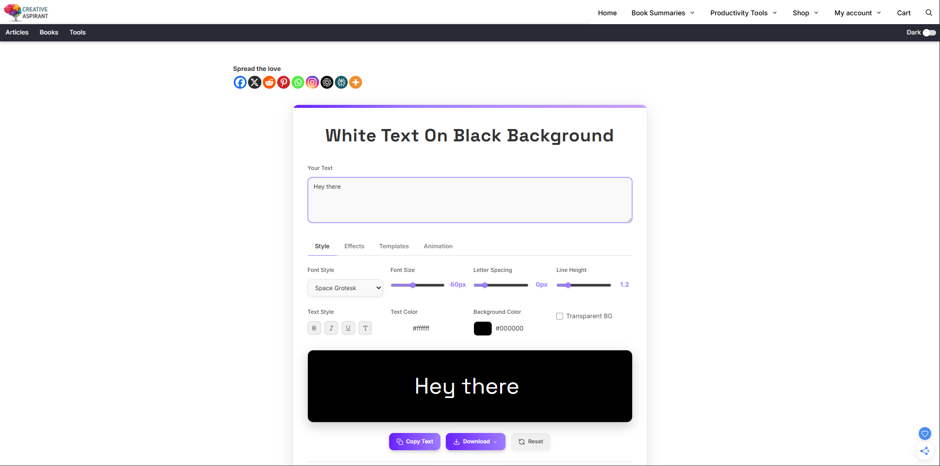 Interface of Creative Aspirant - another white text black background generator
