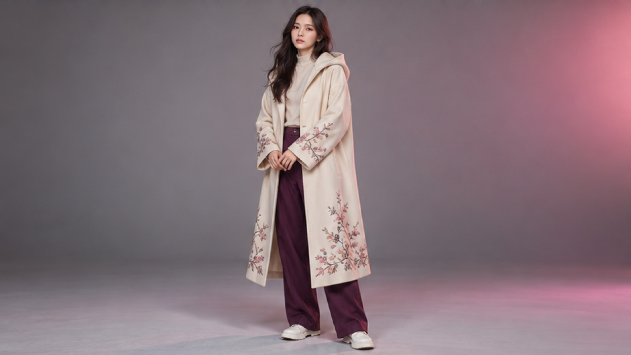 16:9 full-body editorial portrait, original adult woman in cream oversized hooded coat with delicate abstract floral border, hood down, plum straight trousers and white shoes, gray studio pink edge light, visible hands and complete feet, no readable embroidery logos or weapons.