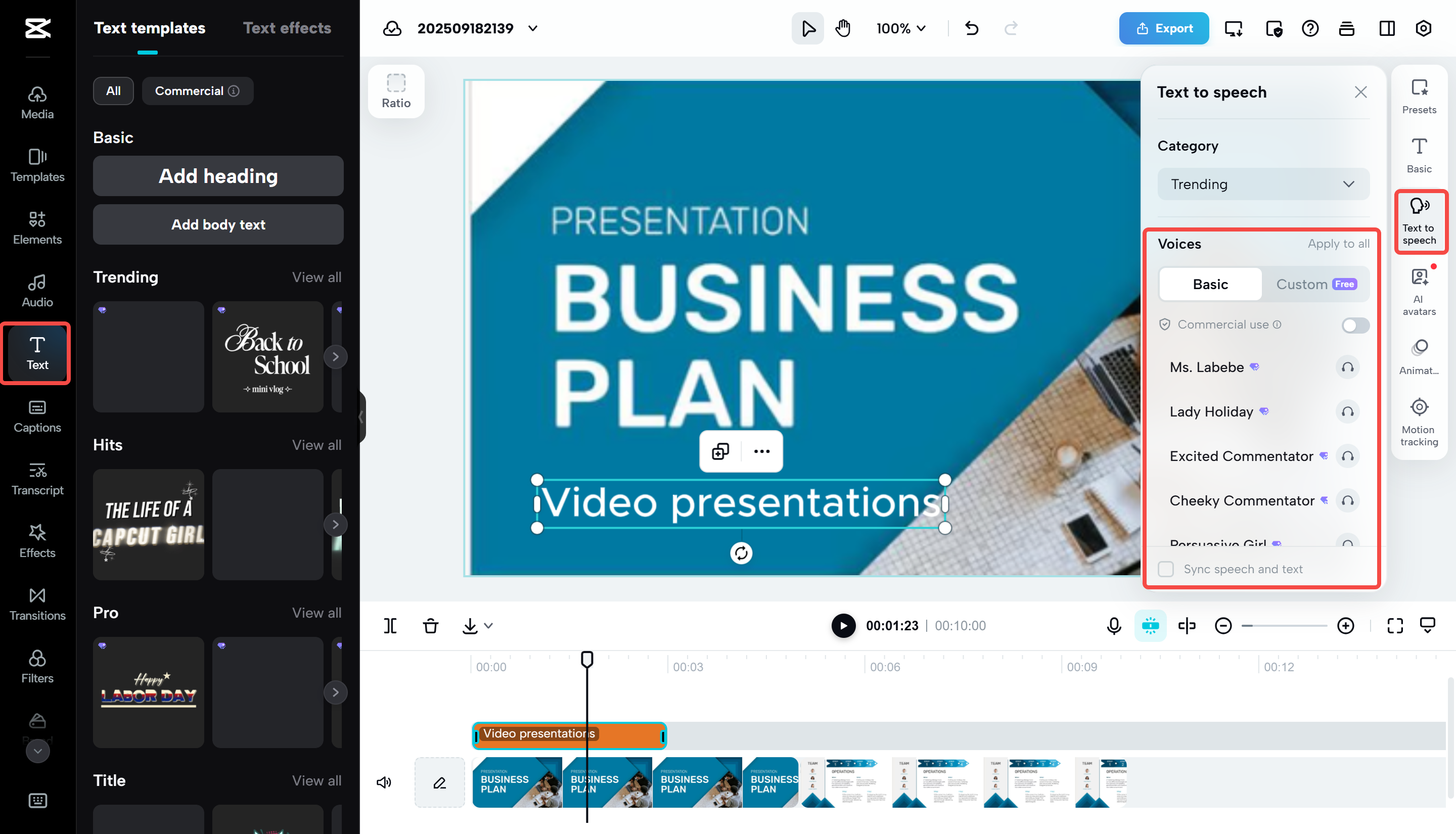 Ajout de transitions et ajustement du texte sur CapCut Web