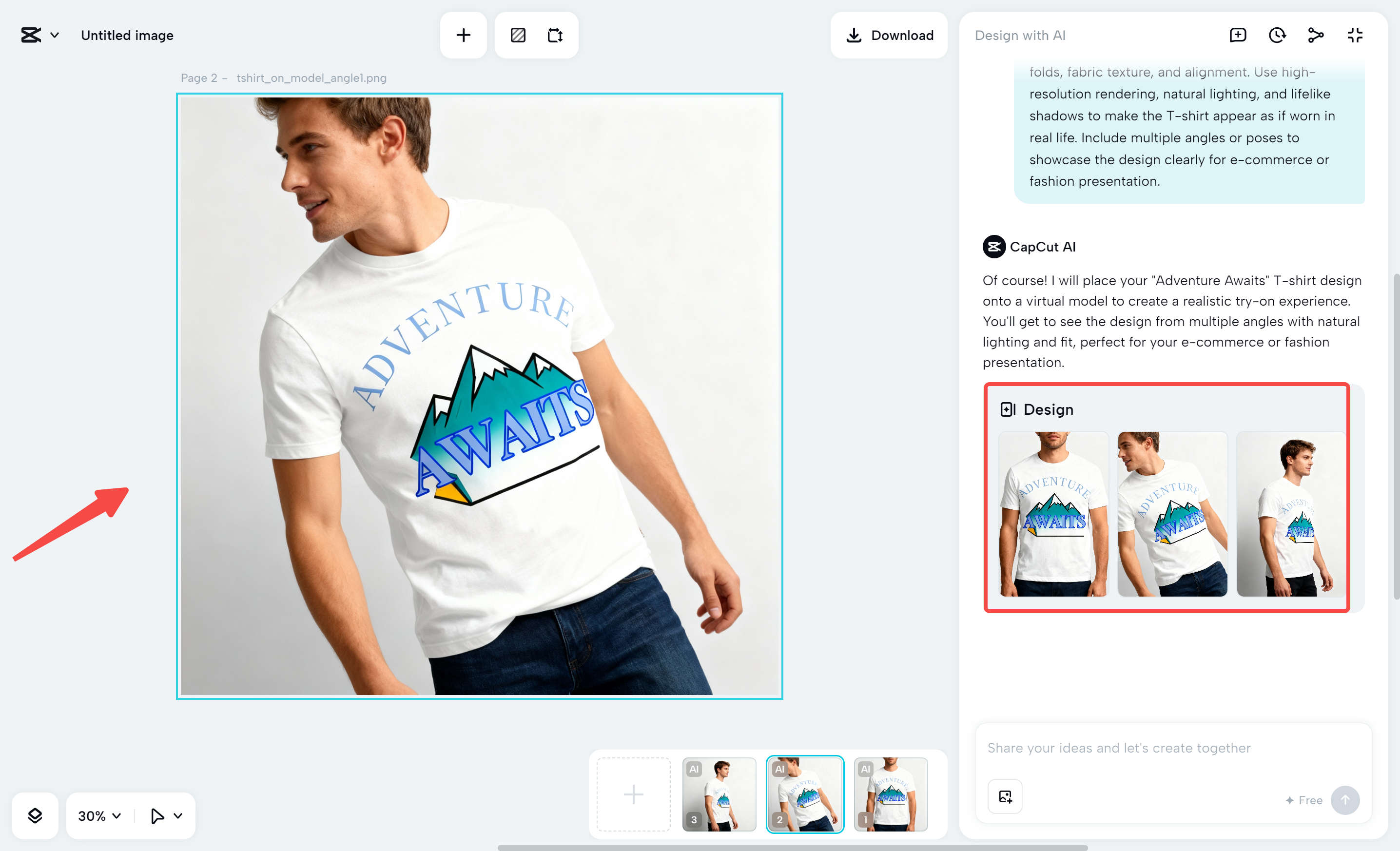 AI-generated T-shirt designs in the CapCut desktop video editor