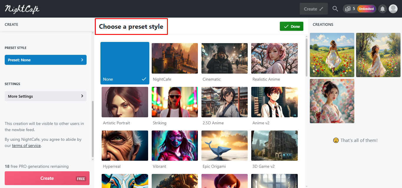 Entering your prompt in NightCafe studio