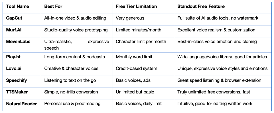 Top Free AI Voiceover Tools Compared