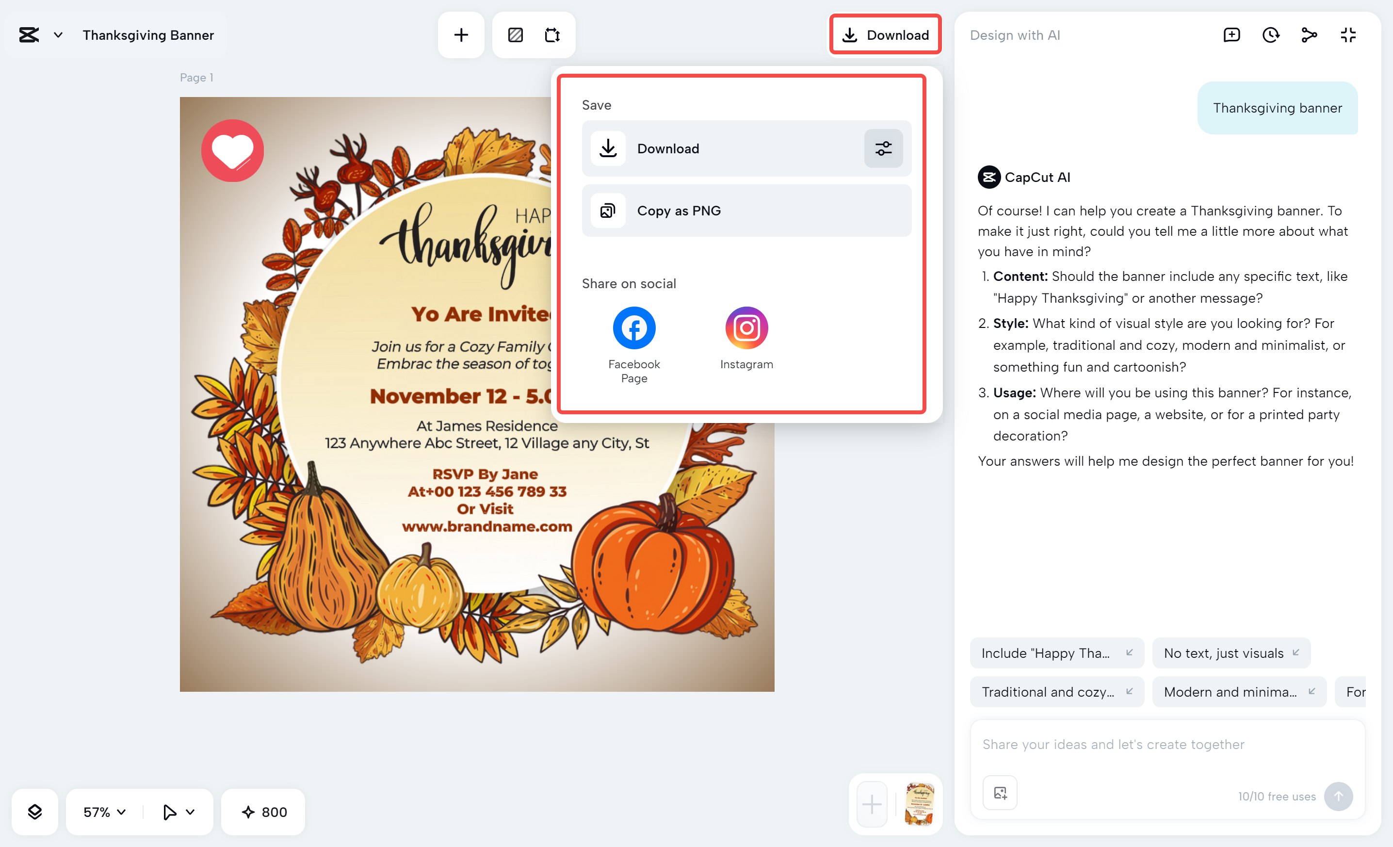 Exporting Thanksgiving design from the CapCut desktop video editor