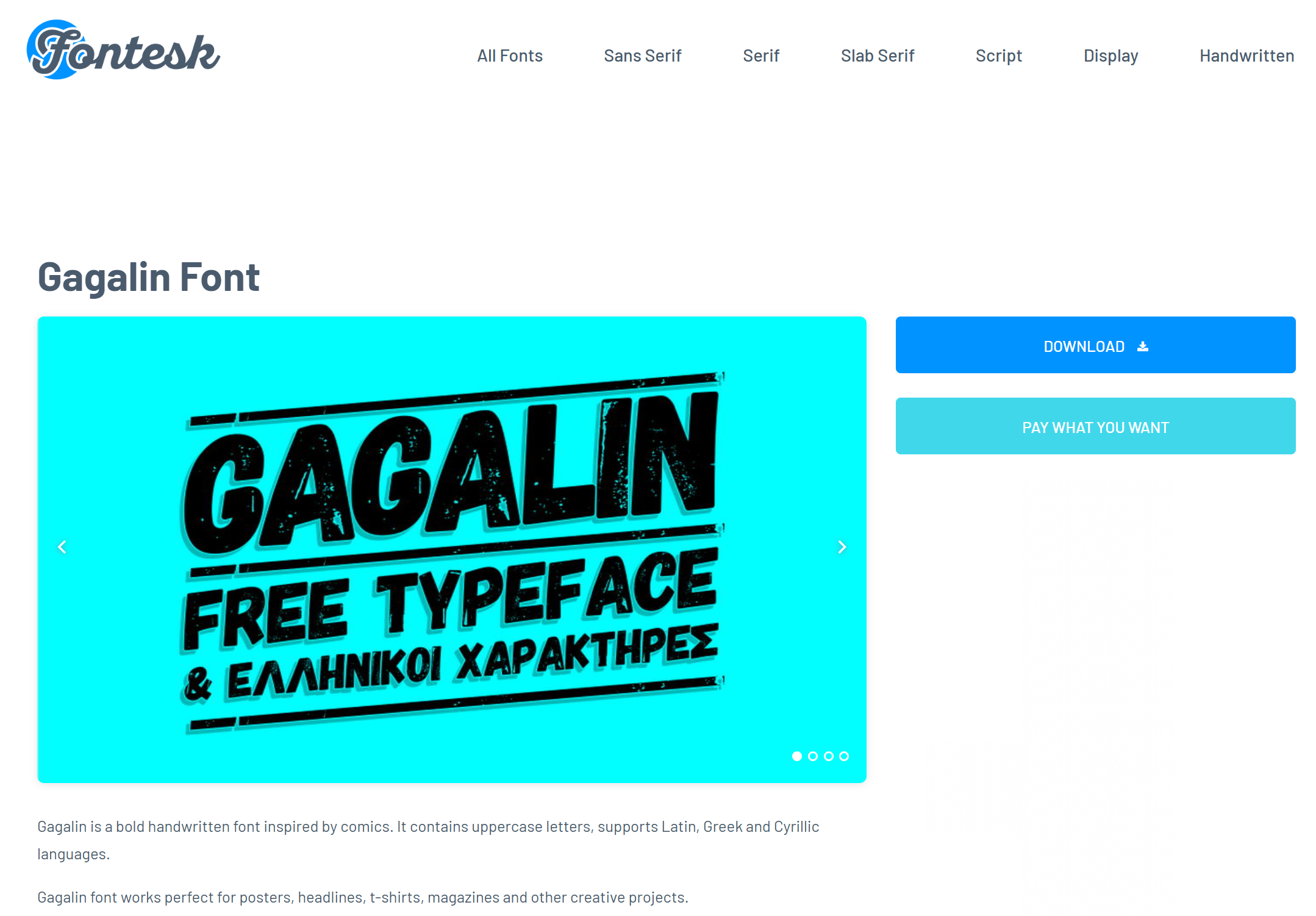 Interface of Fontesk - an easy to navigate website to download Gagalin fonts