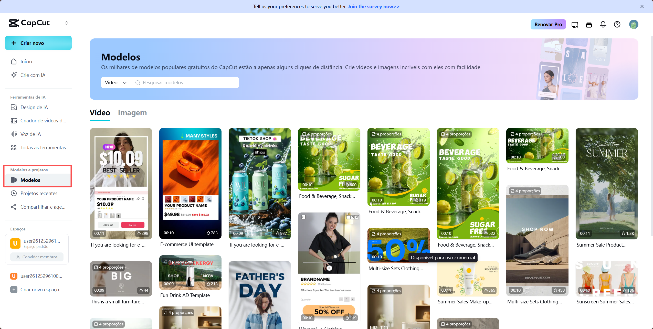  Interface do CapCut Online exibindo modelos de vídeo com transições dinâmicas