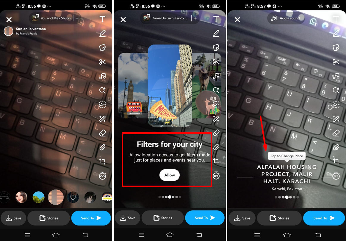 Obrázek, který ukazuje, jak přidat umístění na filtr Snapchat