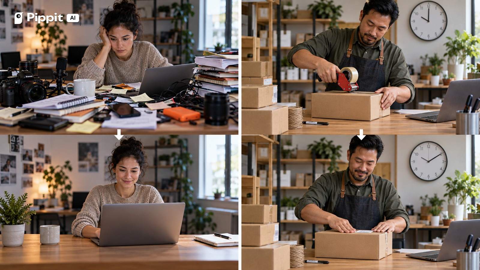 Before-and-after scenes show an organized creator desk and a shop owner finishing a package.