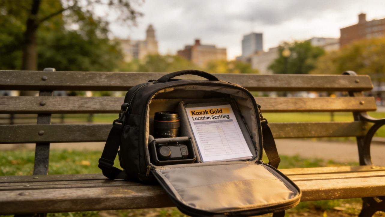 Camera bag on a park bench with a lens, action camera, and location scouting clipboard