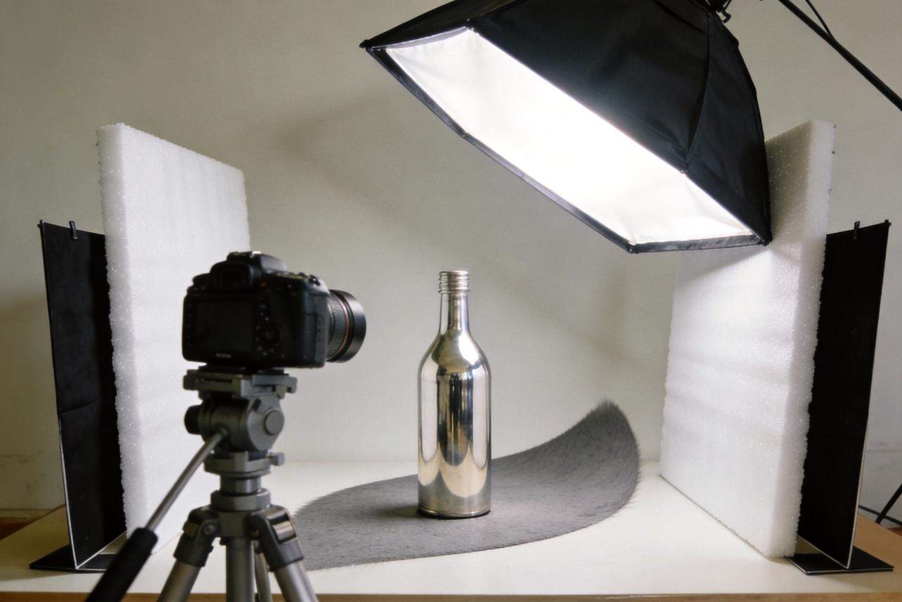 Camera on tripod photographing a reflective metal bottle in a light tent with softbox lighting