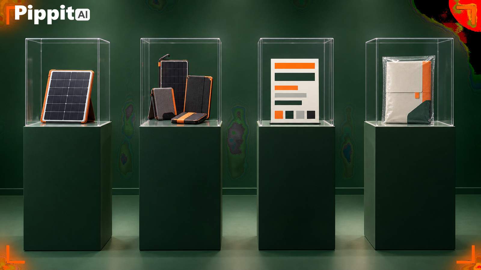 Four product mockups displayed in clear cases on black pedestals against a dark green background