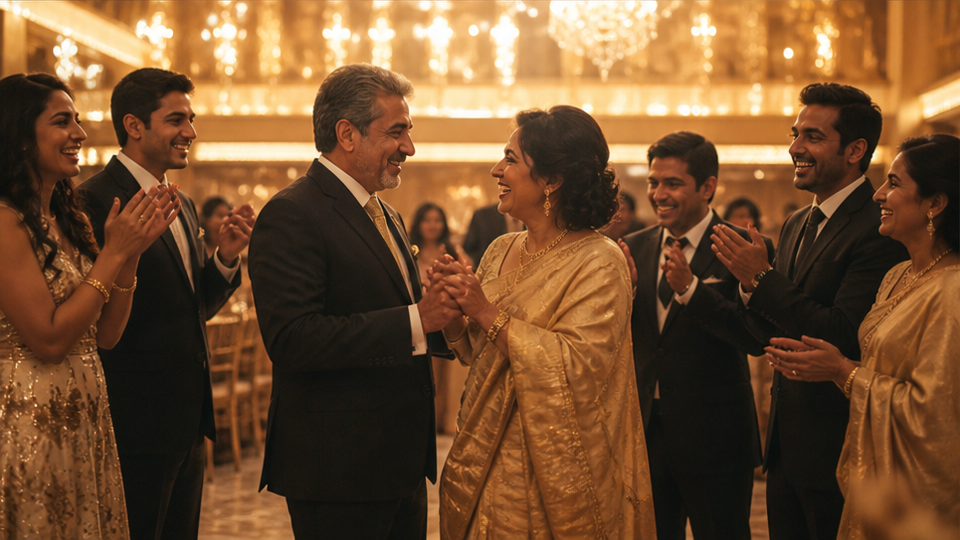 Golden Wedding Anniversary Invito Esempio 3 - Timeline di memoria di coppia che termina in una sala di celebrazione
