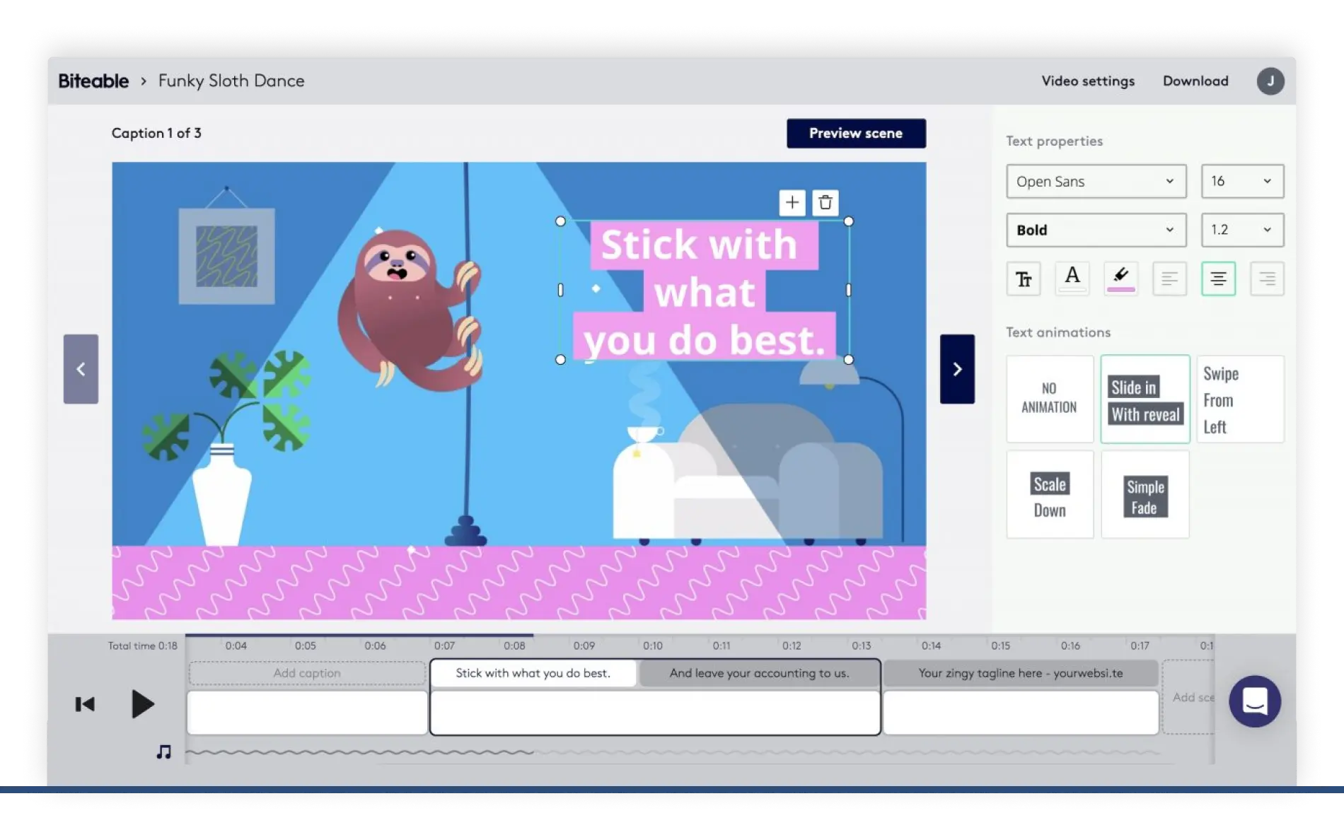 Interface of Biteable - another online cartoon animation software