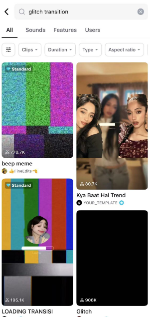 Use the glitch transition template in CapCut on mobile
