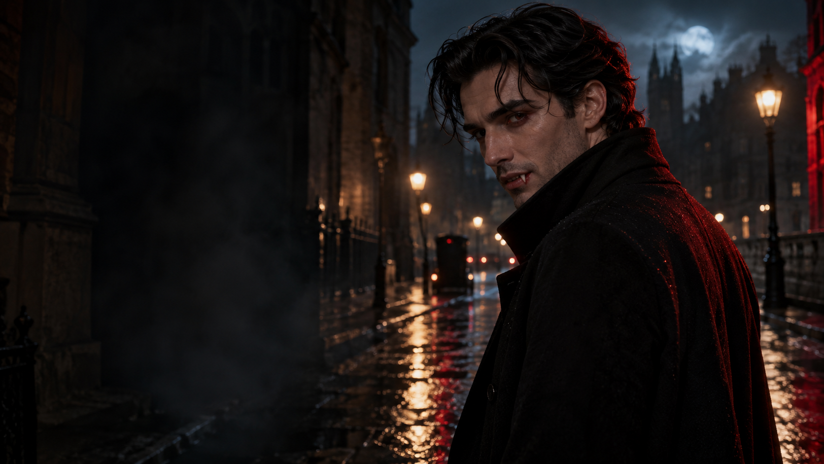 Modern Midnight Vampire: Un uomo adulto immaginario in un cappotto scuro con zanne sottili e luce rossa fredda sul bordo di una strada bagnata di notte, ritratto realistico.