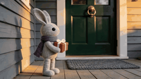 A felt rabbit doll in a purple scarf walks across a porch carrying a small red gift box, crouches at a gray doormat in front of a dark green door and sets the box down, stands back, turns to the camera and waves one paw, then walks toward the camera and out of the frame, leaving the box alone on the mat.
