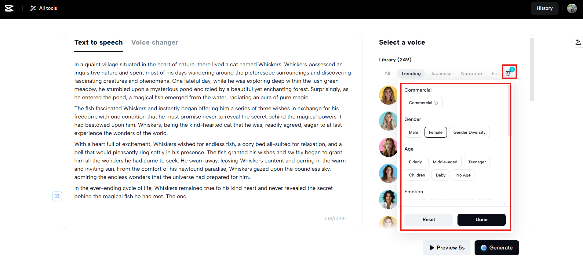 Apply filters and choose sexy lady voice from library
