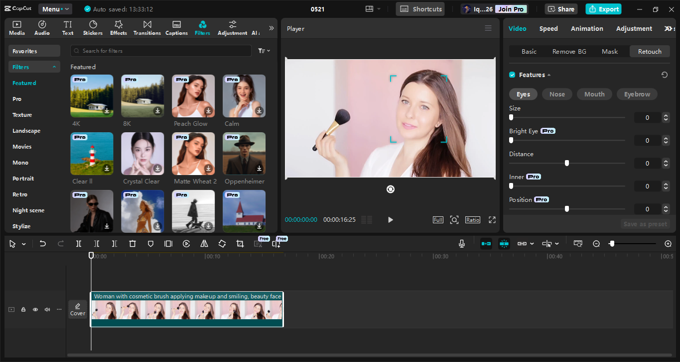 Editing interface of the CapCut desktop video editor - a perfect tool to change eye color