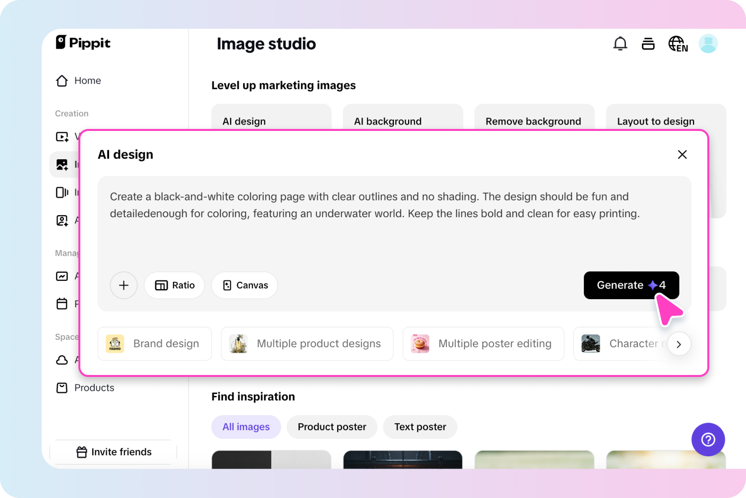 Génération de pages à colorier avec Pippit