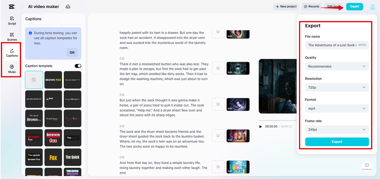 Vie AI-animaatiovideo CapCut Webistä.