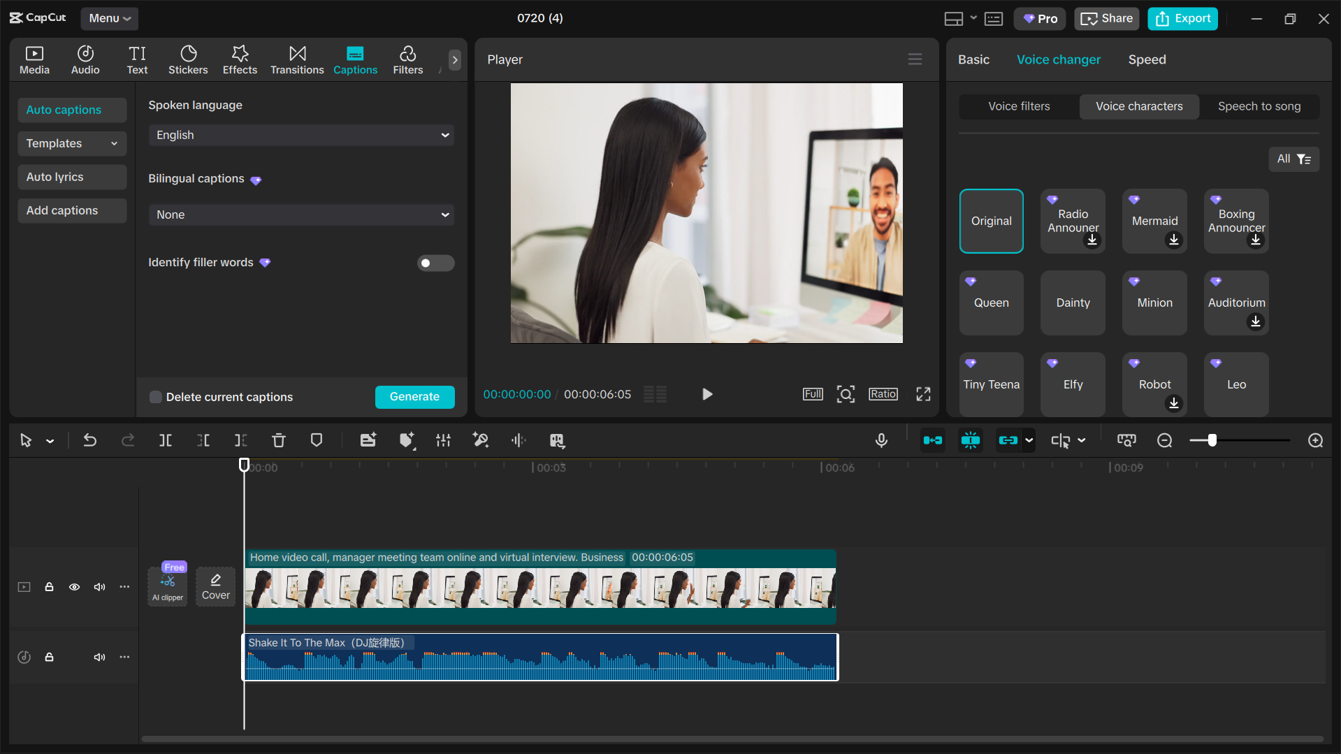 Interface of the CapCut desktop video editor - the best software to customize voice