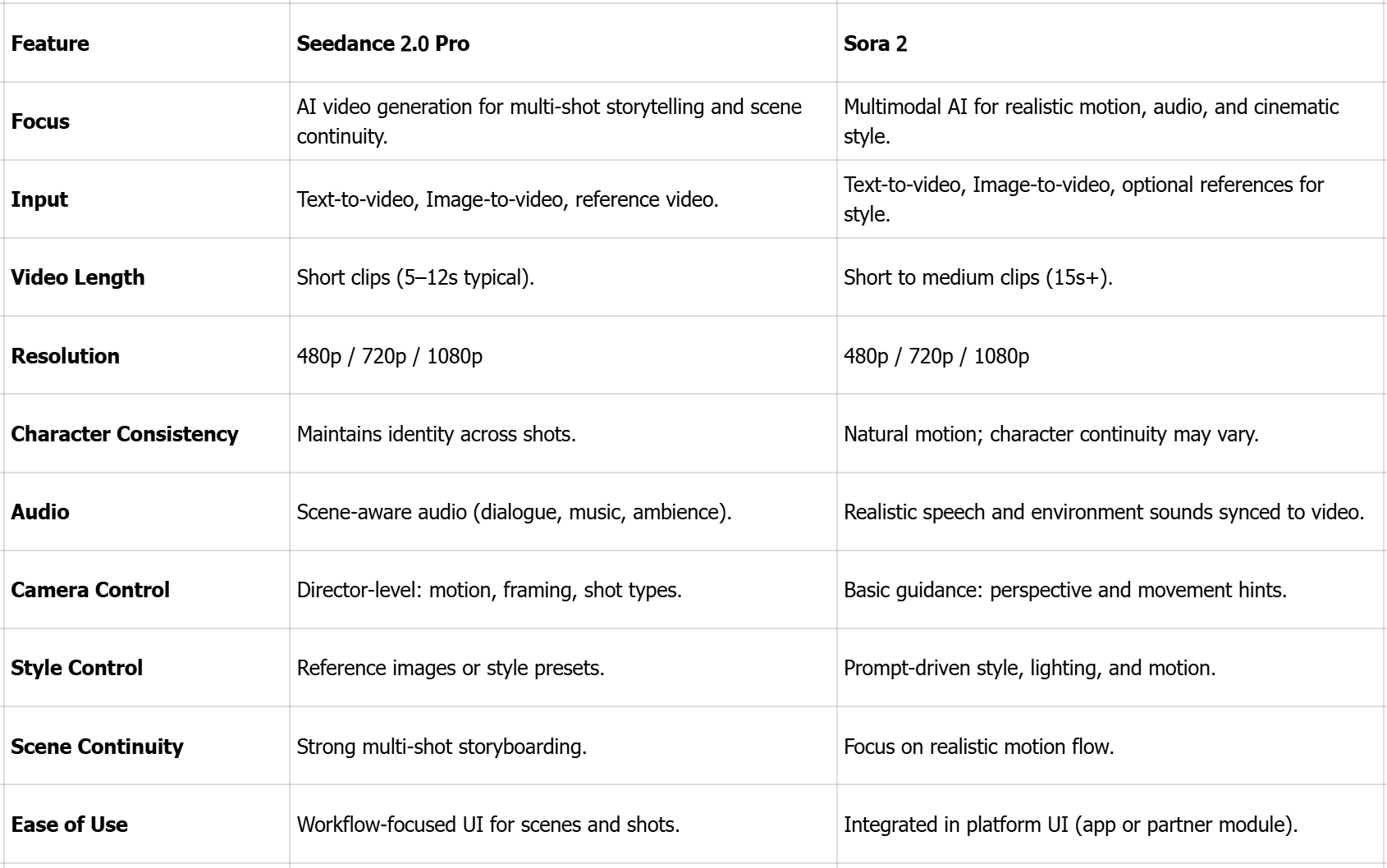 Seedance 2.0 Pro vs Sora 2: Full features comparison
