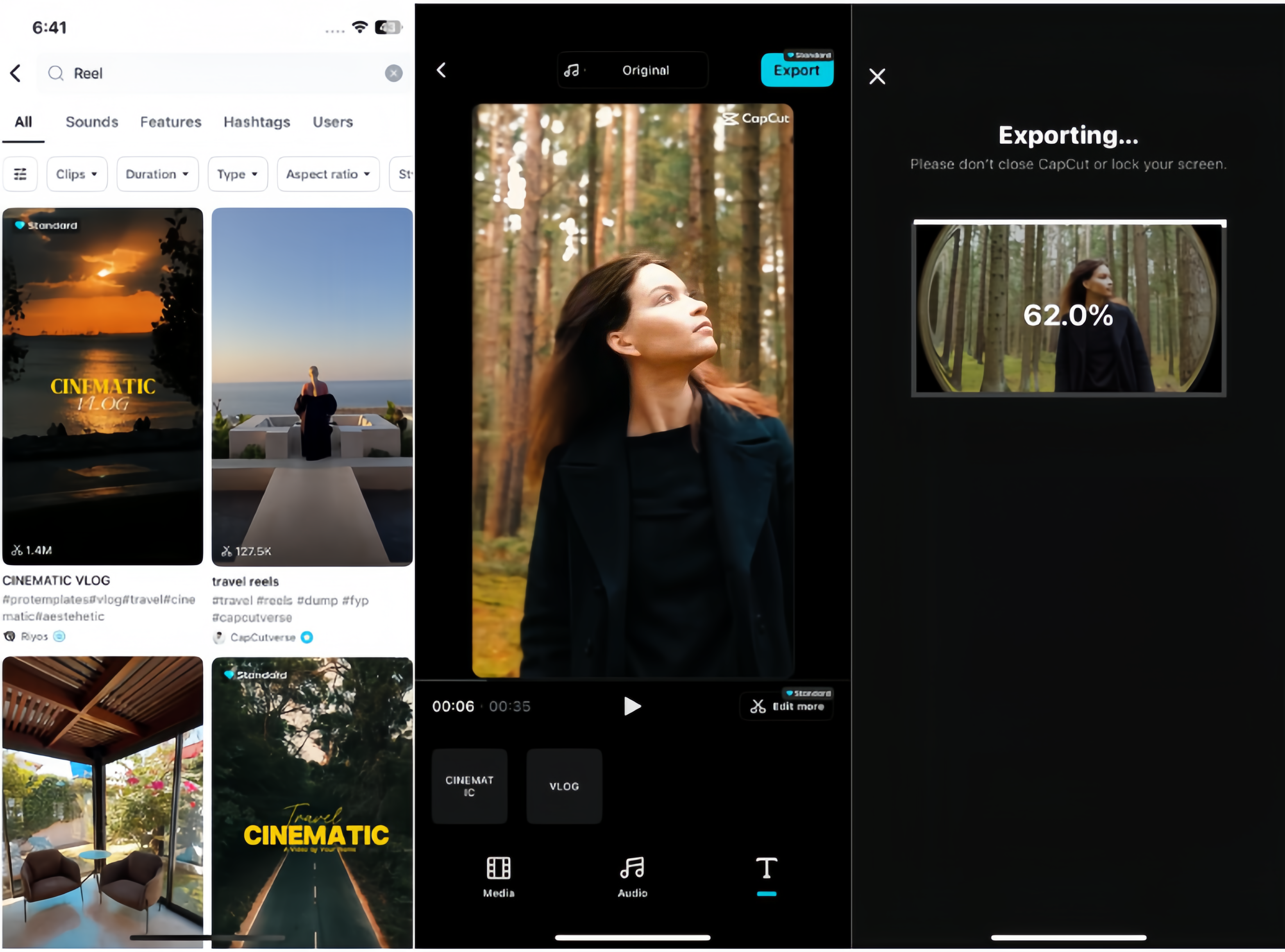 Interface de l'application mobile CapCut - la meilleure application de modèles de vidéos courtes.