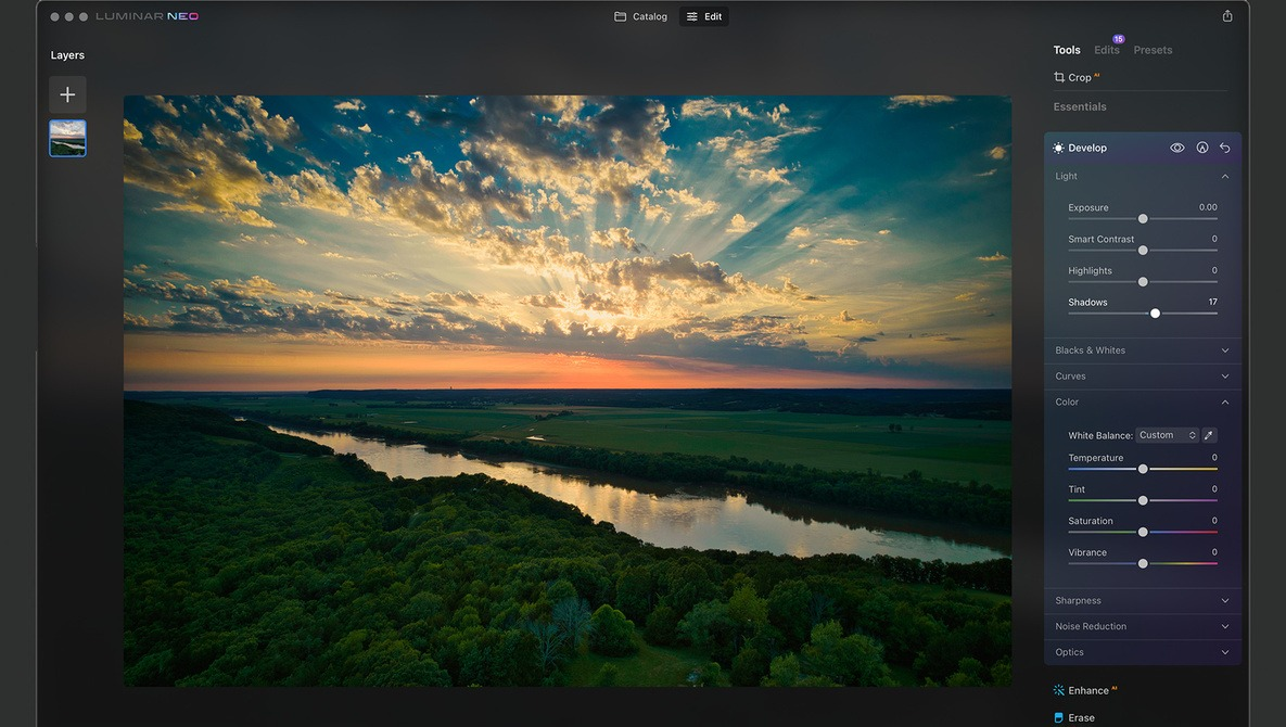 Interface de Luminar Neo - o melhor editor de fotos fácil para PC