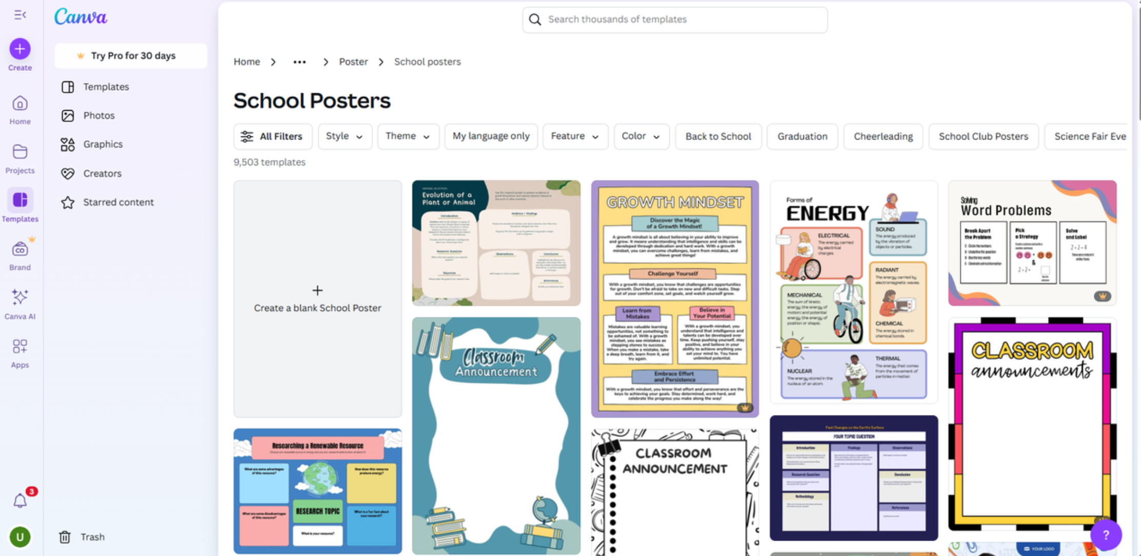 Interfaz de Canva, un creador de carteles fácil de usar para escuelas.