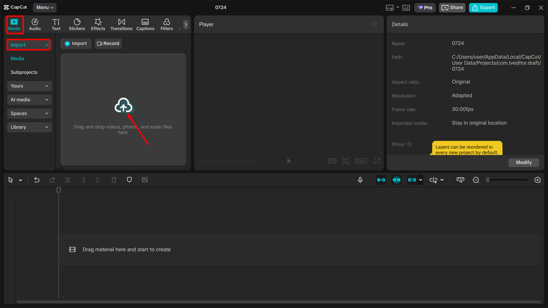 Importing the media into the CapCut desktop video editor