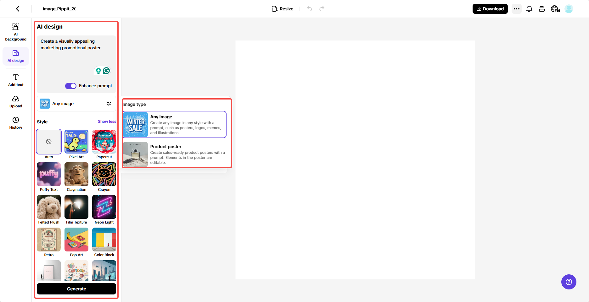 Access AI design and enter the prompt