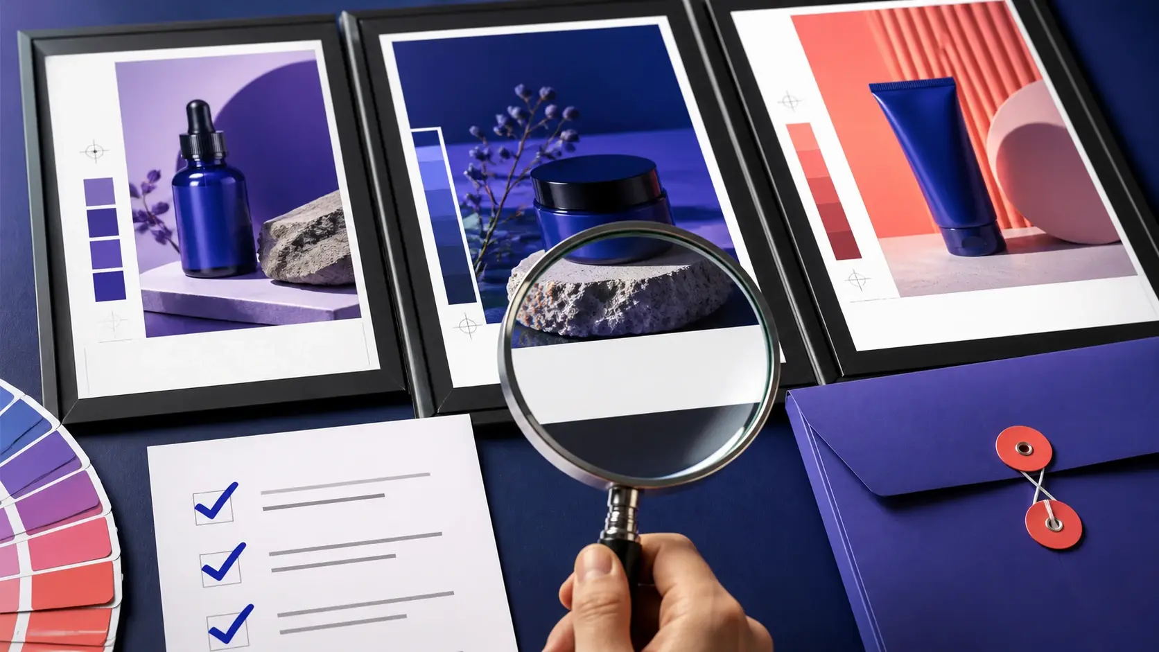 Hand holding magnifying glass over checklist beside framed cosmetic ad mockups and color swatches