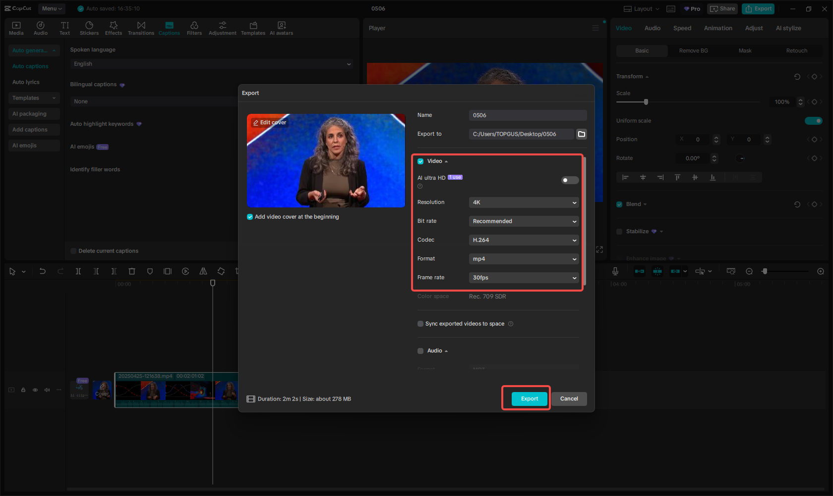 Export and share the video